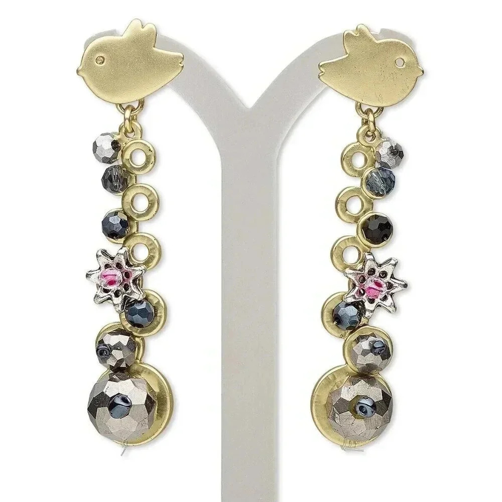 Gold Silver Gray Black Crystal Beads Metal Birds Dangle Post Earrings